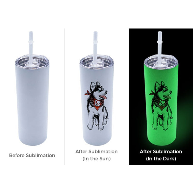 Skinny Tumbler Glow In The Dark 20oz Sublimation Blanks - before and after sublimation