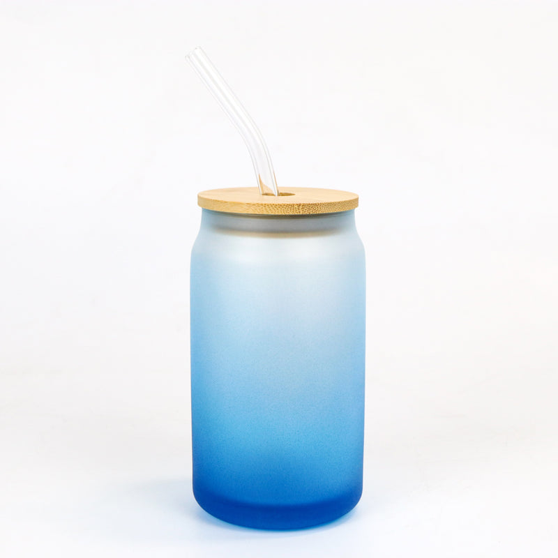 Colored Mason Jar with Bamboo Lid and Straw 16oz Sublimation Blanks - Blue