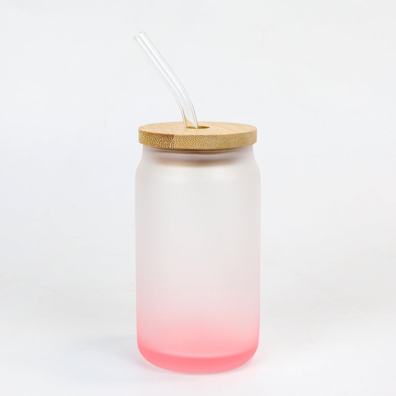 Colored Mason Jar with Bamboo Lid and Straw 16oz Sublimation Blanks - Pink